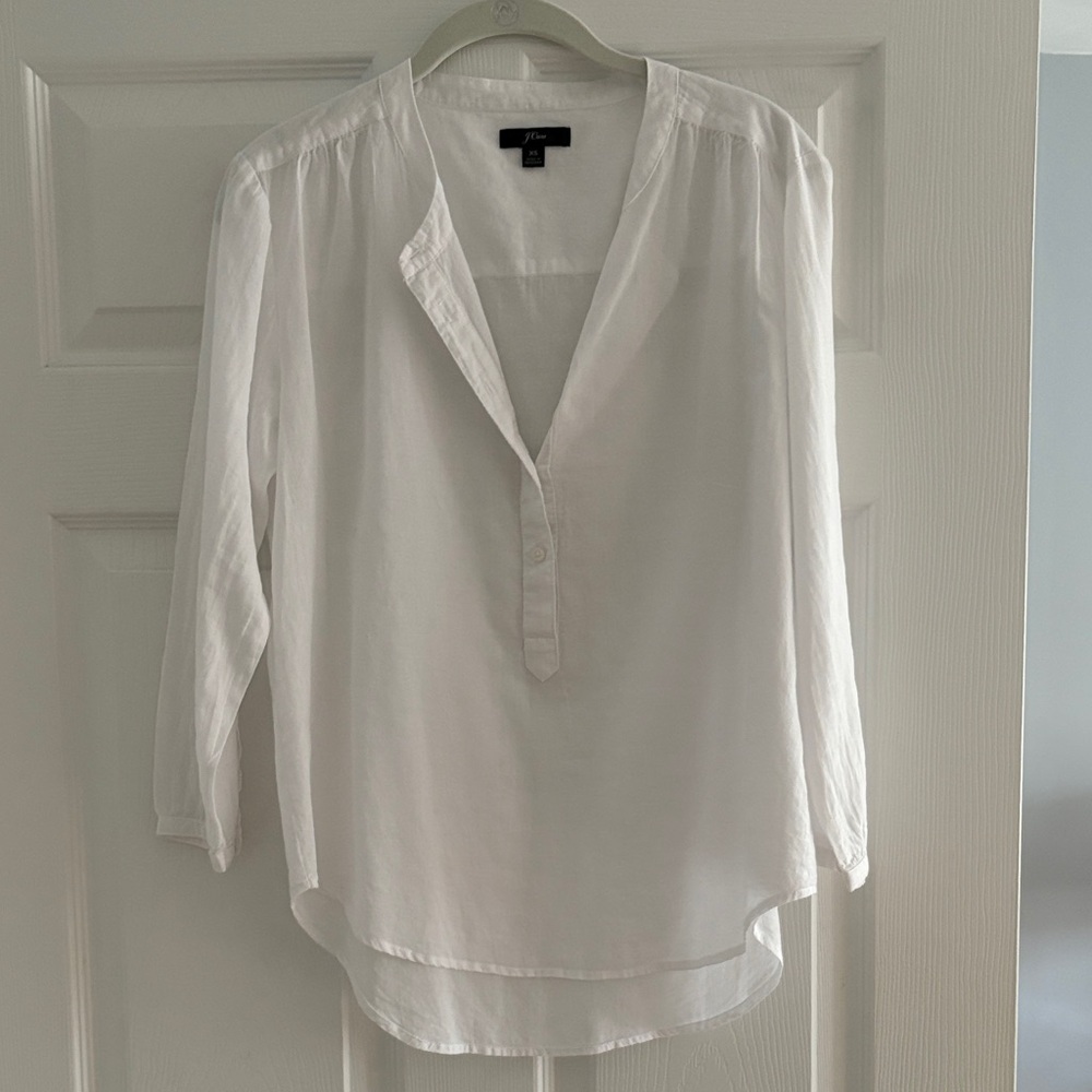 J Crew White V-Neck Long-Sleeve Tunic Blouse